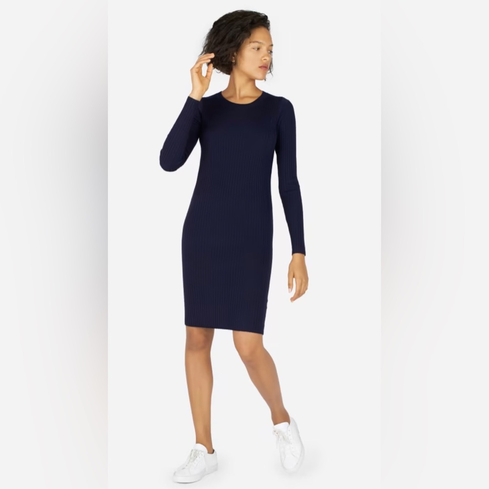 Everlane The Luxe Wool Ribbed Long-Sleeve Dress Navy